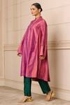 Buy_Tarun Tahiliani_Pink Silk Mandarin Collar Handwoven Striped Bell Sleeve Tunic _Online_at_Aza_Fashions