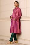 Shop_Tarun Tahiliani_Pink Silk Mandarin Collar Handwoven Striped Bell Sleeve Tunic _Online_at_Aza_Fashions