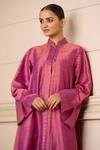 Shop_Tarun Tahiliani_Pink Silk Mandarin Collar Handwoven Striped Bell Sleeve Tunic _at_Aza_Fashions