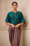 Shop_Tarun Tahiliani_Blue Textured Dupion Notched Handwoven Striped Crop Top _at_Aza_Fashions