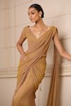 Buy_Tarun Tahiliani_Brown Shot Chiffon Plain V Neck Concept Pre-draped Saree With Fluted Corset _Online_at_Aza_Fashions