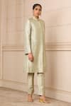 Buy_Tarun Tahiliani_Ivory Brocade Floral High Neck Jacket And Pant Set _Online_at_Aza_Fashions