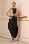 Buy_Tarun Tahiliani_Black Gown  Georgette Hand Embroidered Botanical Dhoti And Gilet Set _Online_at_Aza_Fashions