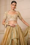 Buy_Tarun Tahiliani_Gold Shot Organza Embroidered Floral Sweetheart Blouse Draped Bridal Skirt Set _Online_at_Aza_Fashions