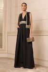 Shop_Tarun Tahiliani_Black Embroidered Jumpsuit V-neck Halter With Textured Gilet _Online_at_Aza_Fashions