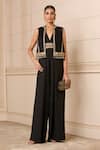 Tarun Tahiliani_Black Embroidered Jumpsuit V-neck Halter With Textured Gilet _at_Aza_Fashions