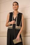 Shop_Tarun Tahiliani_Black Embroidered Jumpsuit V-neck Halter With Textured Gilet 