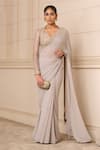 Buy_Tarun Tahiliani_Grey Saree  Silk Chiffon Embroidered Lace Scoop Neck With Work Blouse _Online_at_Aza_Fashions