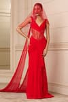 Buy_Tarun Tahiliani_Red Silk Chiffon Embroidered Crystal V Neck Work Draped Corset Gown _Online_at_Aza_Fashions