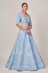 Tamaraa By Tahani_Blue Net, Silk Taffeta Cutdana, Sequins V Doris Floral Embellished Lehenga Set _at_Aza_Fashions