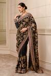 Tarun Tahiliani_Black Saree- Silk Satin Floral Embroidered Saree With Blouse_Online_at_Aza_Fashions