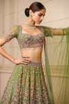 Buy_Tarun Tahiliani_Emerald Green Sheer Silk Embroidered Floral Pattern Bridal Lehenga Set _Online_at_Aza_Fashions