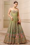 Tarun Tahiliani_Emerald Green Sheer Silk Embroidered Floral Pattern Lehenga Corset Set _Online_at_Aza_Fashions