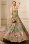 Buy_Tarun Tahiliani_Emerald Green Sheer Silk Embroidered Floral Pattern Lehenga Corset Set _Online_at_Aza_Fashions