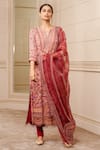 Tarun Tahiliani_Fuchsia Printed Floral Pattern Notched Straight Kurta Set _Online_at_Aza_Fashions