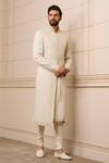 Tarun Tahiliani_Ivory Kurta  Cotton Silk Embroidery French Knot Texture Sherwani Set _Online_at_Aza_Fashions