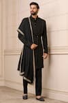 Tarun Tahiliani_Black Kurta  Cotton Jacquard Embroidery Zardozi Draped Sherwani Set _Online_at_Aza_Fashions