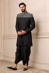 Tarun Tahiliani_Black Dhoti  Cotton Satin Embroidery Sequin Glint Textured Sherwani Set _Online_at_Aza_Fashions