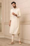 Tarun Tahiliani_Ivory Churidar  Stretch Poplin And Kurta  Spun Silk Embroidery Neckline Set _Online_at_Aza_Fashions