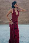Buy_Sahil Kochhar_Maroon Organza Embroidered Tonal Work Plunge V Neck Tamanna Gown  _Online_at_Aza_Fashions