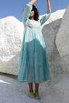 Tatwa_Blue Handloom Cotton, Viscose Embroidery, Sequins Round Chanderi Tiered Dress _Online_at_Aza_Fashions
