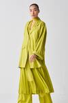 Shop_Three_Green Tunic Crepe Jacket Lapel Wide Sleeve Pant Set _Online_at_Aza_Fashions