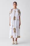 Buy Three White Poplin Embroidery Round Neck Gathered Printed Dress Online at Aza Fashions Buy_Three_White Poplin Embroidery Round Neck Gathered Printed Dress _Online_at_Aza_Fashions