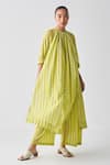 THREE_Green Mul Woven Striped Pattern Broad Pant _Online_at_Aza_Fashions