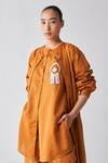 Three_Orange Chanderi Embroidery Round Neck Fringed Detailed Shirt _Online_at_Aza_Fashions