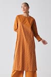 Buy_Three_Orange Poplin, Handloom Cotton Embroidery Round Neck Asymmetric Striped Tunic _Online_at_Aza_Fashions