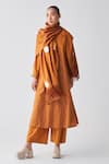 Three_Orange Poplin, Handloom Cotton Embroidery Round Neck Asymmetric Striped Tunic _at_Aza_Fashions