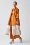 Three_Orange Tunic Poplin + Chanderi Gathered Neck Shirt And Broad Pant Set _Online_at_Aza_Fashions