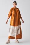 Buy_Three_Orange Tunic Poplin + Chanderi Gathered Neck Shirt And Broad Pant Set _Online_at_Aza_Fashions