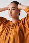 Shop_Three_Orange Tunic Poplin + Chanderi Gathered Neck Shirt And Broad Pant Set _Online_at_Aza_Fashions