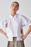 THREE_White Top Poplin Embroidered Fringes Collared Cropped And Box Pleated Pant Set _at_Aza_Fashions