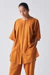 Shop_THREE_Orange Shirt And Pant Handloom Cotton Round Dolman Sleeve Set _Online_at_Aza_Fashions