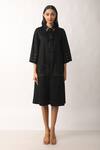Veera Wear_Black Cotton Collared Bell Sleeve Solid Side Pocketed Dress _Online_at_Aza_Fashions