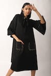 Buy_Veera Wear_Black Cotton Collared Bell Sleeve Solid Side Pocketed Dress _Online_at_Aza_Fashions
