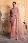 Buy_Nitika Gujral_Pink Saree And Blouse Net Embroidered Bead Plunge V & Crystal Work With Neck _Online_at_Aza_Fashions