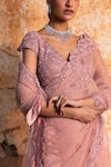 Shop_Nitika Gujral_Pink Saree And Blouse Net Embroidered Bead Plunge V & Crystal Work With Neck _at_Aza_Fashions