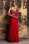 Buy_Nitika Gujral_Red Saree Georgette And Blouse Net Embroidered Bead Sweetheart Neck Draped With _Online_at_Aza_Fashions