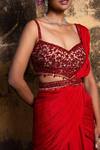 Shop_Nitika Gujral_Red Saree Georgette And Blouse Net Embroidered Bead Sweetheart Neck Draped With _at_Aza_Fashions