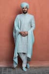 Nitika Gujral_Blue Achkan Dupion Silk Embroidered Dabka Flora Set _Online_at_Aza_Fashions