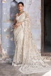 Shop_Nitika Gujral_Cream Saree And Blouse Net Embroidered Bead Leaf Neck Abstract With  _Online_at_Aza_Fashions