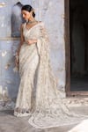 Buy_Nitika Gujral_Cream Saree And Blouse Net Embroidered Bead Leaf Neck Abstract With  _at_Aza_Fashions