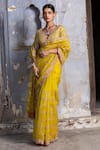 Buy_Nitika Gujral_Yellow Saree Organza And Blouse Chanderi Facing Embroidered Gota V Neck With _Online_at_Aza_Fashions