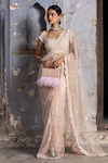 Buy_Nitika Gujral_Pink Saree And Blouse Net Embroidered Bead Scoop Neck With _Online_at_Aza_Fashions