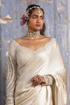 Shop_Nitika Gujral_Cream Saree Pure Satin Embroidered Resham Sweetheart Neck Scallop With Blouse _at_Aza_Fashions