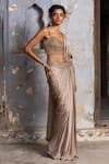 Buy_Nitika Gujral_Brown Saree Satin Embroidered Bead Sweetheart Draped With Sleeveless Blouse _Online_at_Aza_Fashions