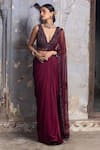 Buy_Nitika Gujral_Maroon Saree Satin Embroidered Bead Plunge V Draped With Neck Blouse _Online_at_Aza_Fashions